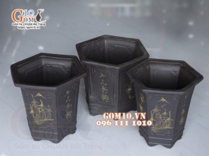 Bộ 3 chậu gốm đen lục giác cao 34cm