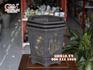 Bộ 3 chậu gốm đen lục giác cao 34cm