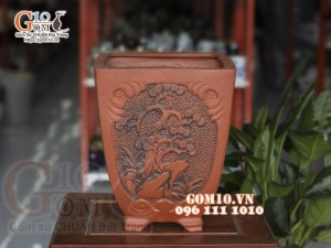 Bộ 3 chậu gốm đỏ đắp nổi Tùng - Cúc - Trúc - Mai cao 35cm