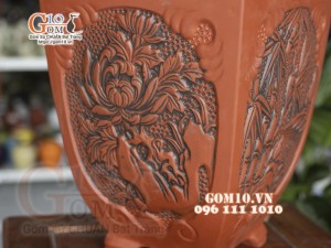 Bộ 3 chậu gốm đỏ đắp nổi Tùng - Cúc - Trúc - Mai cao 35cm