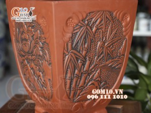 Bộ 3 chậu gốm đỏ đắp nổi Tùng - Cúc - Trúc - Mai cao 35cm