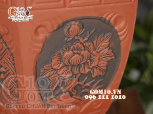 Bộ 3 chậu gốm đỏ lục giác đắp nổi cảnh Cúc Thọ Đào cao 35cm