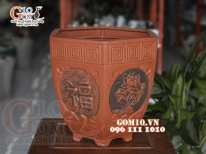 Bộ 3 chậu gốm đỏ lục giác đắp nổi cảnh Cúc Thọ Đào cao 35cm