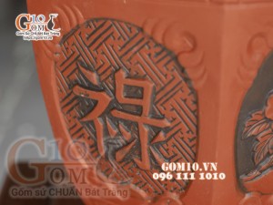 Bộ 3 chậu gốm đỏ lục giác đắp nổi cảnh Cúc Thọ Đào cao 35cm