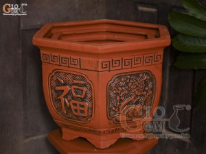 Bộ 3 chậu gốm lục giác cao khắc hoa, miệng 52cm