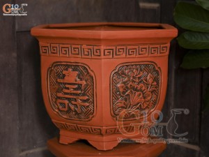 Bộ 3 chậu gốm lục giác cao khắc hoa, miệng 52cm