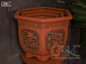 Bộ 3 chậu gốm lục giác cao khắc hoa, miệng 52cm
