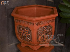 Bộ 3 chậu gốm lục giác cao khắc hoa, miệng 52cm