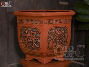 Bộ 3 chậu gốm lục giác cao khắc hoa, miệng 52cm