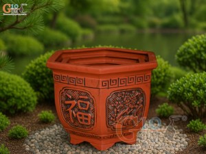 Bộ 3 chậu gốm lục giác cao khắc hoa, miệng 52cm