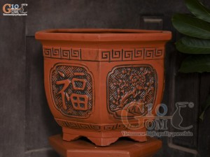 Bộ 3 chậu gốm lục giác cao khắc hoa, miệng 52cm