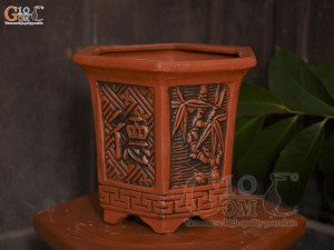 Bộ 3 chậu gốm lục giác cao khắc nổi hoa, miệng 28cm