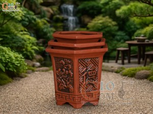 Bộ 3 chậu gốm lục giác cao khắc nổi hoa, miệng 28cm