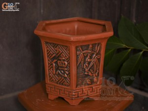 Bộ 3 chậu gốm lục giác cao khắc nổi hoa, miệng 28cm
