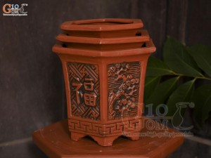 Bộ 3 chậu gốm lục giác cao khắc nổi hoa, miệng 28cm