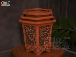 Bộ 3 chậu gốm lục giác cao khắc nổi hoa, miệng 28cm