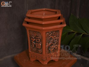 Bộ 3 chậu gốm lục giác cao khắc nổi hoa, miệng 28cm