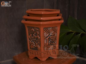 Bộ 3 chậu gốm lục giác cao khắc nổi hoa, miệng 28cm