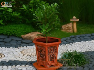 Bộ 3 chậu gốm lục giác cao khắc nổi hoa, miệng 28cm