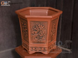 Bộ 3 chậu gốm lục giác cao khắc nổi hoa, miệng 38cm