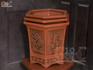 Bộ 3 chậu gốm lục giác cao khắc nổi hoa, miệng 38cm