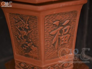 Bộ 3 chậu gốm lục giác cao khắc nổi hoa, miệng 38cm