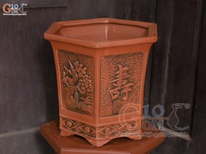 Bộ 3 chậu gốm lục giác cao khắc nổi hoa, miệng 38cm