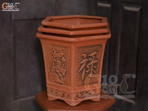 Bộ 3 chậu gốm lục giác cao khắc nổi hoa, miệng 38cm