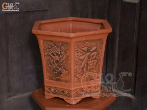 Bộ 3 chậu gốm lục giác cao khắc nổi hoa, miệng 38cm