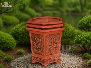 Bộ 3 chậu gốm lục giác cao khắc nổi hoa, miệng 38cm