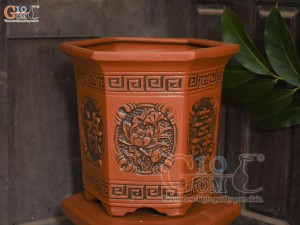 Bộ 3 chậu gốm lục giác khắc hoa nổi, miệng 37cm