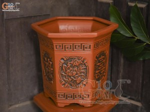 Bộ 3 chậu gốm lục giác khắc hoa nổi, miệng 37cm