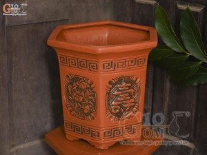 Bộ 3 chậu gốm lục giác khắc hoa nổi, miệng 37cm