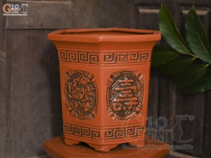 Bộ 3 chậu gốm lục giác khắc hoa nổi, miệng 37cm
