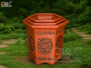 Bộ 3 chậu gốm lục giác khắc hoa nổi, miệng 37cm