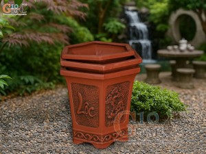 Bộ 3 chậu gốm lục giác khắc nổi Phúc Lộc Thọ, miệng 43cm