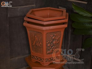 Bộ 3 chậu gốm lục giác khắc nổi Phúc Lộc Thọ, miệng 43cm