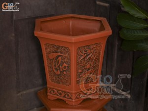 Bộ 3 chậu gốm lục giác khắc nổi Phúc Lộc Thọ, miệng 43cm