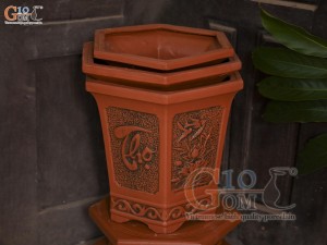 Bộ 3 chậu gốm lục giác khắc nổi Phúc Lộc Thọ, miệng 43cm