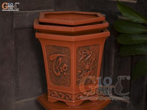 Bộ 3 chậu gốm lục giác khắc nổi Phúc Lộc Thọ, miệng 43cm