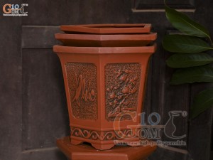 Bộ 3 chậu gốm lục giác khắc nổi Phúc Lộc Thọ, miệng 43cm
