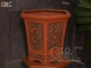 Bộ 3 chậu gốm lục giác khắc nổi Phúc Lộc Thọ, miệng 43cm