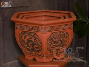Bộ 3 chậu gốm lục giác khắc Phúc Lộc Thọ, miệng 52cm