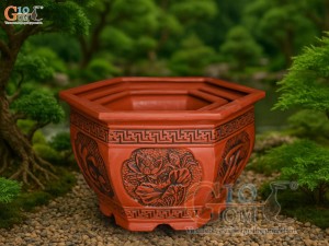 Bộ 3 chậu gốm lục giác khắc Phúc Lộc Thọ, miệng 52cm