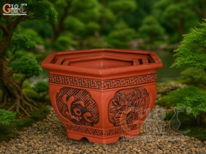 Bộ 3 chậu gốm lục giác khắc Phúc Lộc Thọ, miệng 52cm