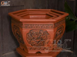 Bộ 3 chậu gốm lục giác khắc Phúc Lộc Thọ, miệng 52cm