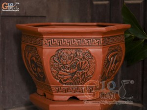 Bộ 3 chậu gốm lục giác khắc Phúc Lộc Thọ, miệng 52cm