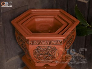 Bộ 3 chậu gốm lục giác khắc Phúc Lộc Thọ, miệng 52cm