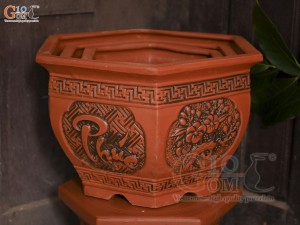 Bộ 3 chậu gốm lục giác khắc Phúc Lộc Thọ, miệng 52cm