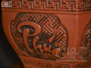 Bộ 3 chậu gốm lục giác khắc Phúc Lộc Thọ, miệng 52cm